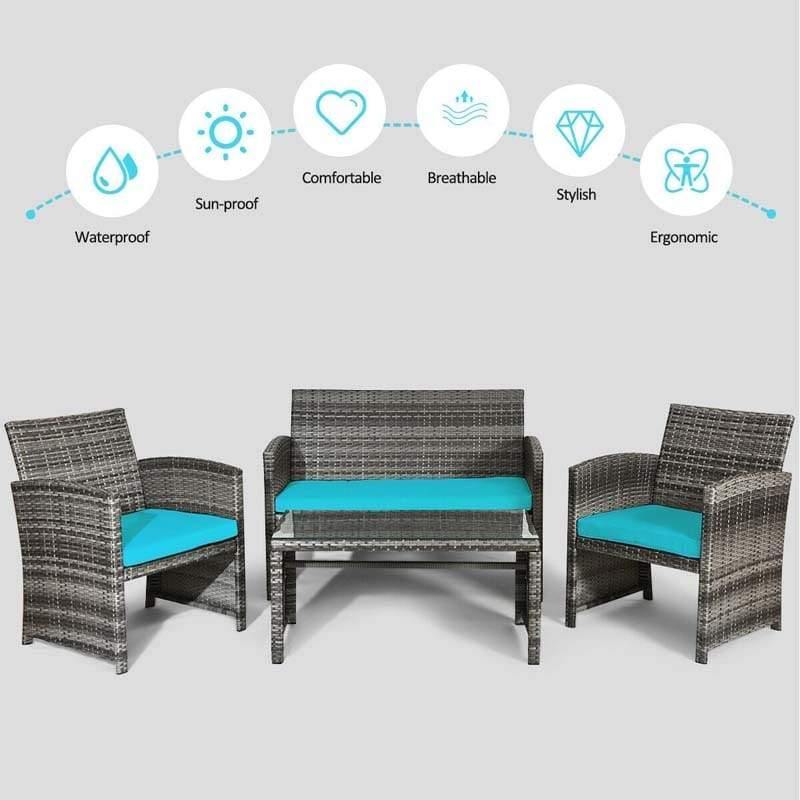 4-Piece Patio Wicker Conversation Set, Outdoor Rattan Sofa Chairs with Cushions & Tempered Glass Coffee Table for Balcony, Backyard, Garden