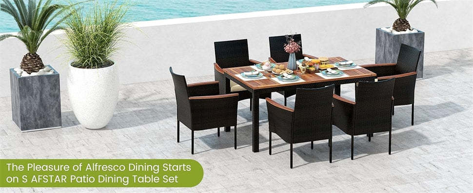 7 Piece Patio Dining Set PE Rattan Outdoor Dining Furniture Set for 6 with Stackable Wicker Chairs, Acacia Wood Table, Umbrella Hole & Seat Cushions