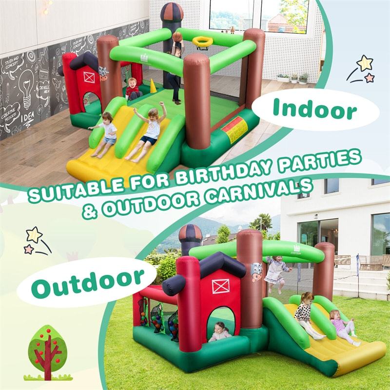 Farm Themed Inflatable Castle Bounce House Indoor Outdoor Kids Bouncy House with Double Slides & 735W Air Blower