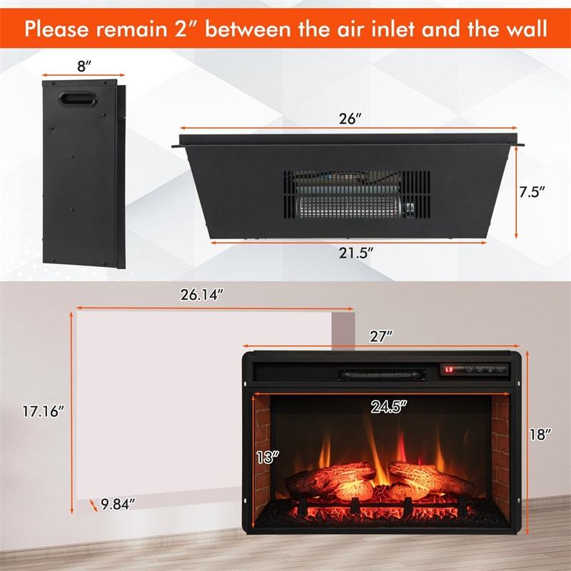 26" Infrared Quartz Electric Fireplace Insert, 1400W Recessed Freestanding Fireplace Heater with 3D Flame Effect, Remote Control & Overheat Protection