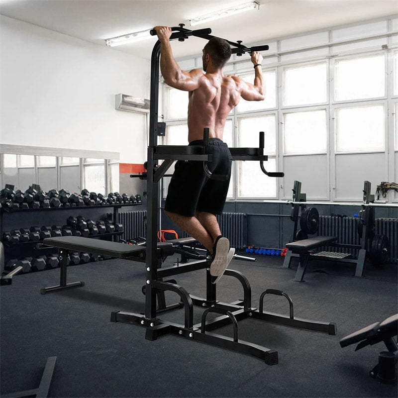 Adjustable Power Tower with Foldable Weight Bench, Multi-Function Pull-Up Bar Dip Station, Heavy Duty Full Body Workout Machine for Home Gym