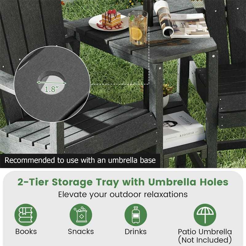 Tall Adirondack Chairs Set of 2, Outdoor HDPE Bar Stools with Double Connecting Tray & Umbrella Hole, All-Weather for Patio, Poolside, Backyard