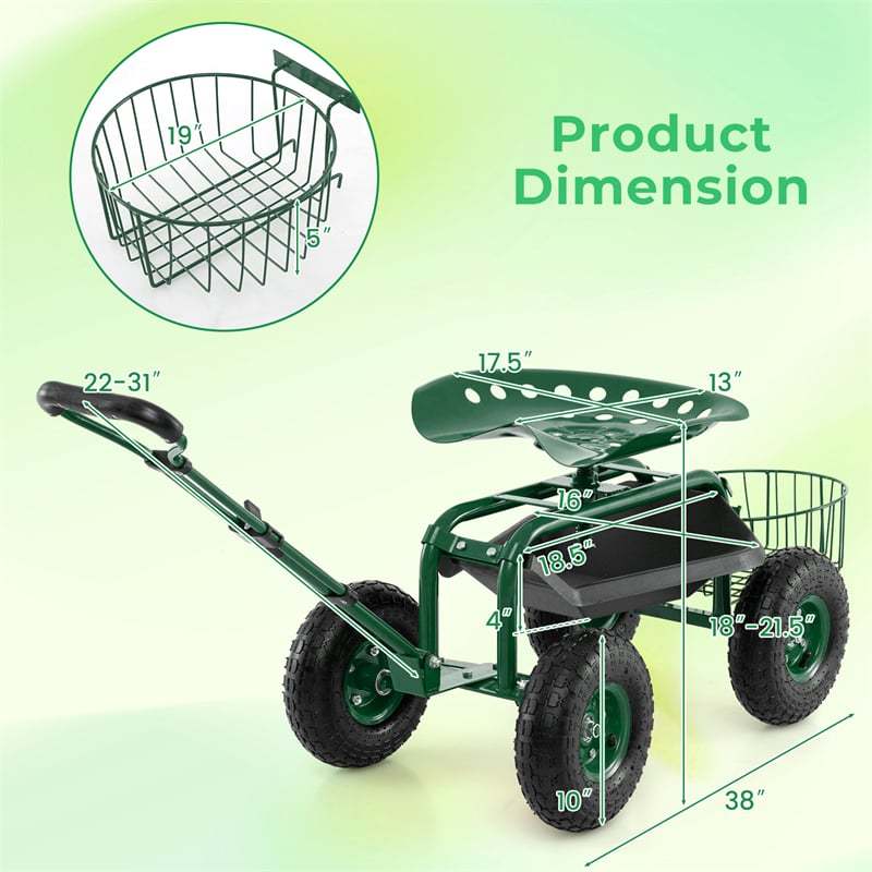 Heavy Duty Rolling Garden Cart with 360° Swivel Seat, Extendable Handle, Tool Tray & Storage Basket, 4-Wheel Gardening Workseat for Patio Yard