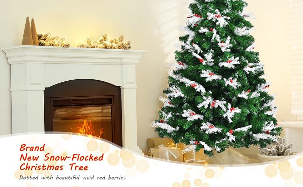 7ft Unlit Snow Flocked Hinged Christmas Tree with Folding Metal Stand