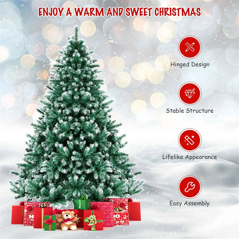 6ft 1111 Branch Tips Unlit Snowy Hinged Artificial Christmas Tree with  Metal Stand