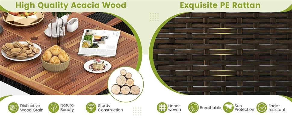 7 Piece Patio Dining Set PE Rattan Outdoor Dining Furniture Set for 6 with Stackable Wicker Chairs, Acacia Wood Table, Umbrella Hole & Seat Cushions