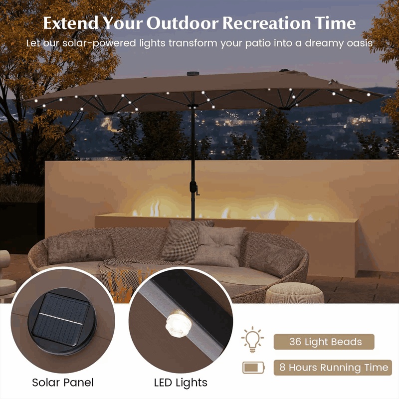 13FT Double-sided Patio Umbrella with Base, 36 Solar LED Lights & Crank Handle, Large Twin Table Umbrella for Poolside, Outdoor Dining