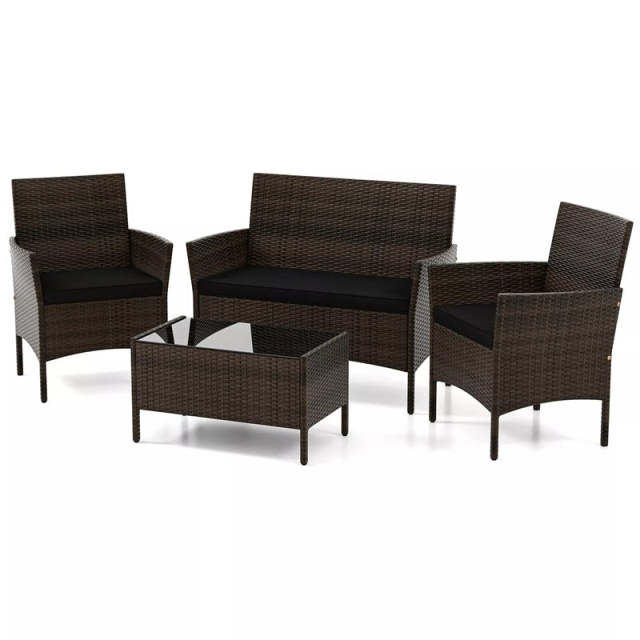 4PCS Patio Rattan Conversation Set Outdoor Garden Wicker Furniture Set with Loveseat Chair, Tempered Glass Coffee Table & Cushions