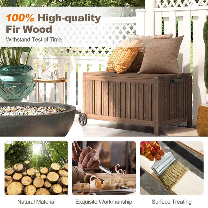 56 Gallon Fir Wood Deck Box Outdoor Storage Box Wooden Patio Storage Bench with Wheels & Removable Waterproof PE Liner for Pillows Garden Tools