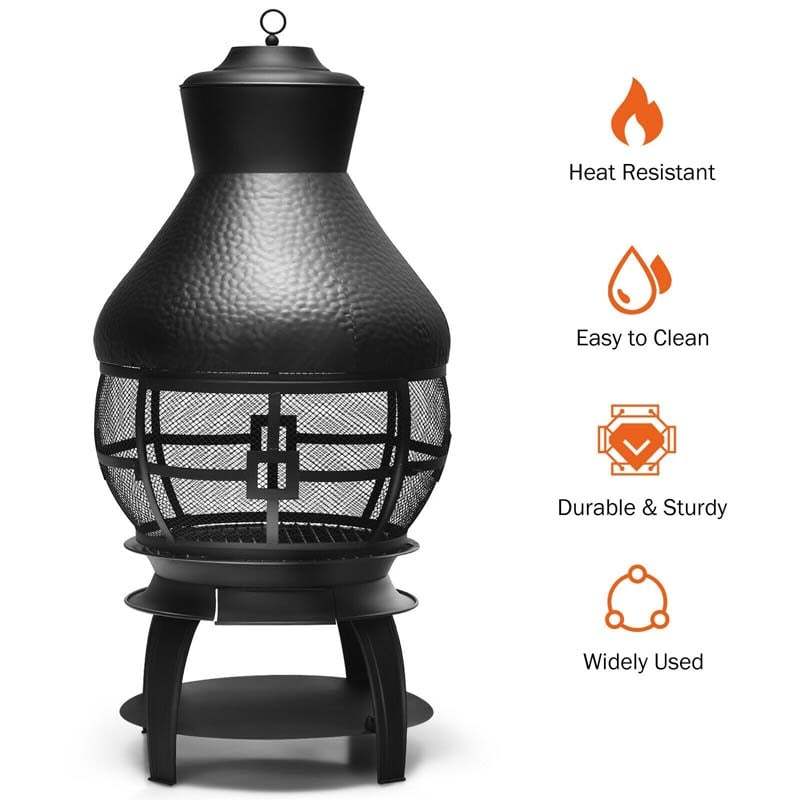 Wood Burning Chiminea, Cast Iron Outdoor Fireplace Fire Pit with 2-Piece Log Grate, 360° Fire Retardant Mesh Cover, Rain Cap & Poker for Garden Patio