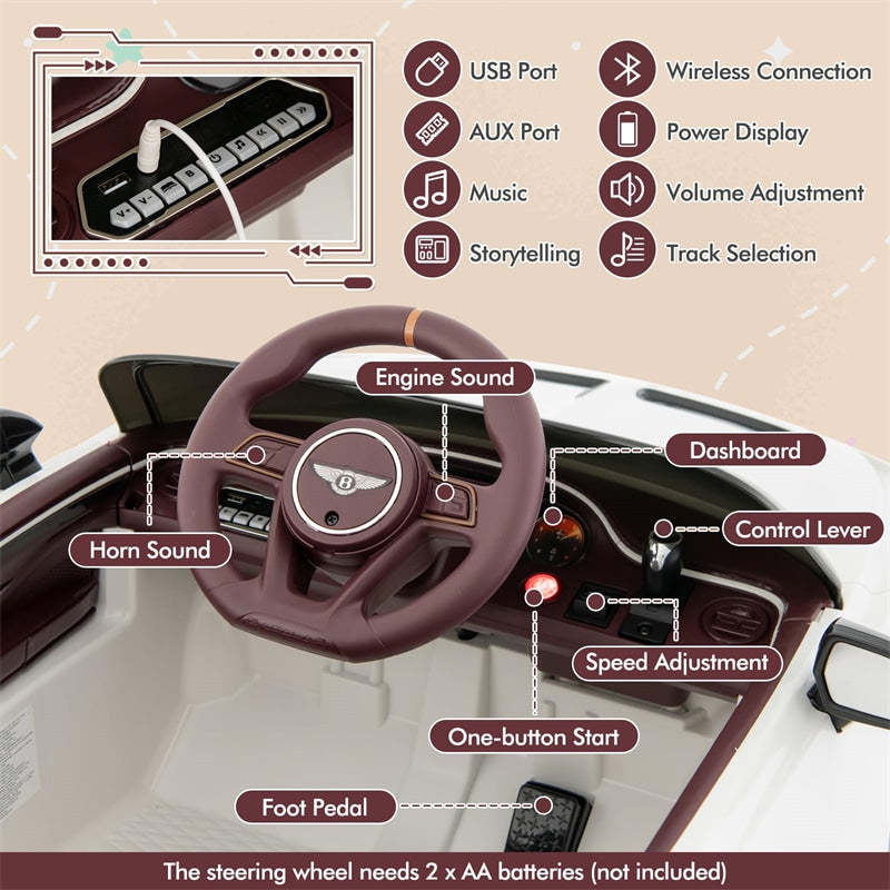12V Kids Ride-on Car, Licensed Bentley Bacalar Electric Vehicle with Remote Control, LED Lights, Wireless Connection & Sound for 3+ Years Old