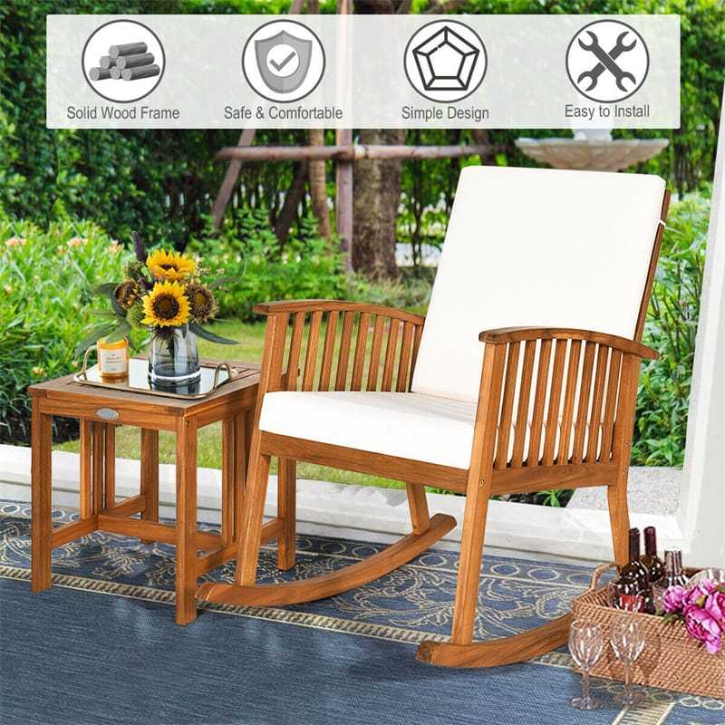 2-Piece Acacia Wood Rocking Bistro Set, Outdoor Rocking Chair with Coffee Table & Detachable Cushions for Patio, Backyard, Porch & Indoors
