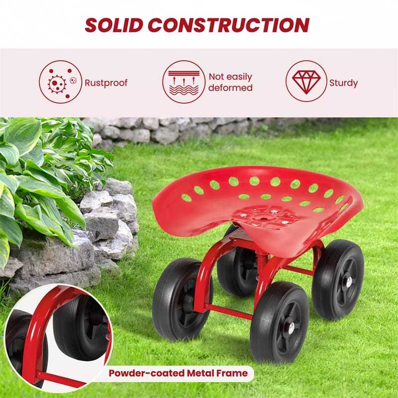 Heavy Duty Garden Cart with 360° Swivel Seat & Wheels, Height Adjustable Rolling Gardening Seat Utility Stool Cart Garden Scooter for Planting