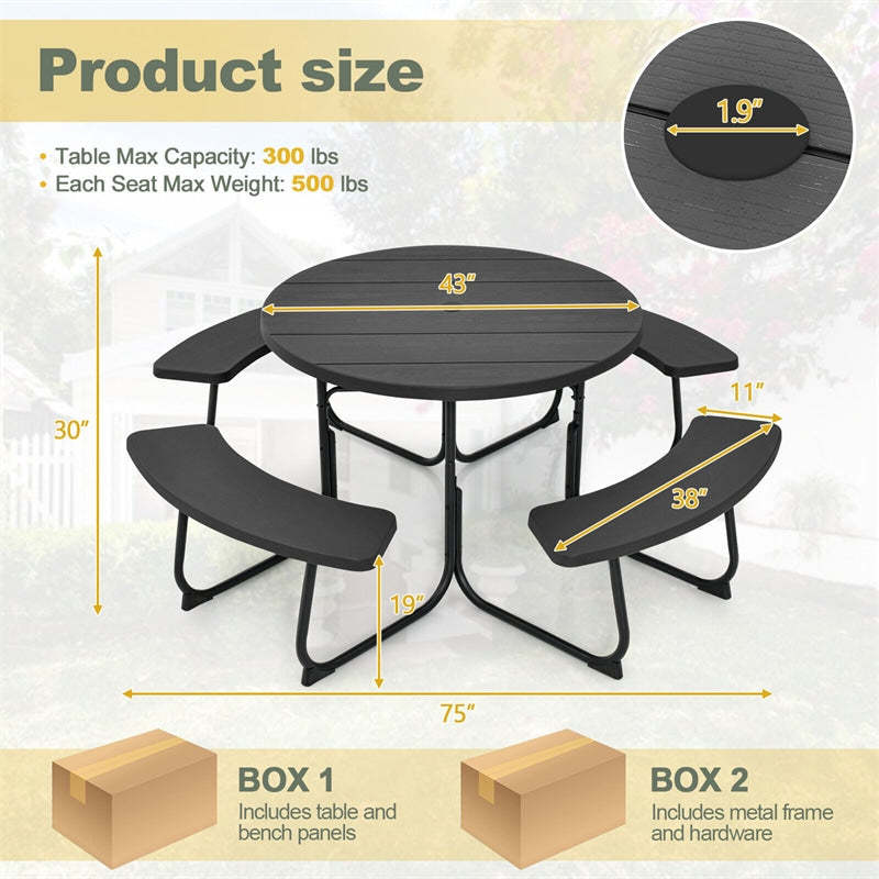 8-Person Outdoor Round HDPE Picnic Table & Bench Set with Umbrella Hole, Metal Frame, 2000LBS Capacity Patio Table Bench Set for Backyard Garden