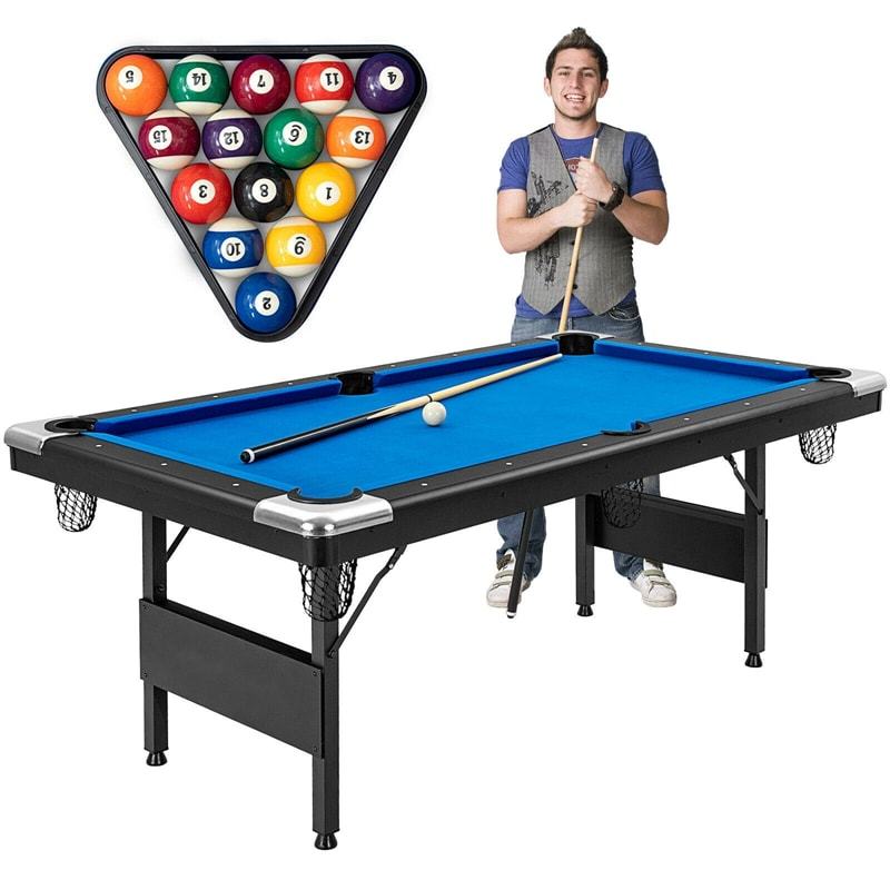 6FT Folding Pool Table, 76" Portable Billiard Table with Accessory Kit, 2 Cues, 16 Balls, Chalk, Brush, Adjustable Feet for Kids & Adults Family Game