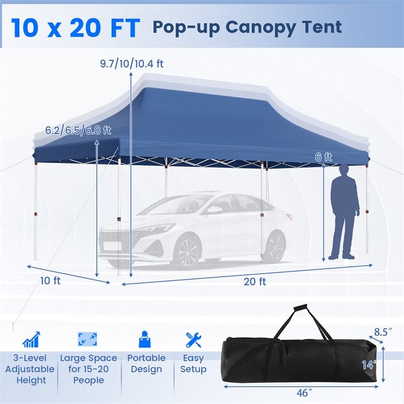 10 x 20FT Pop Up Canopy, Instant Setup Outdoor Canopy Tent with 6 Sandbags & Carrying Bag, UPF50+ Sun Protection Tent for Events, Camping