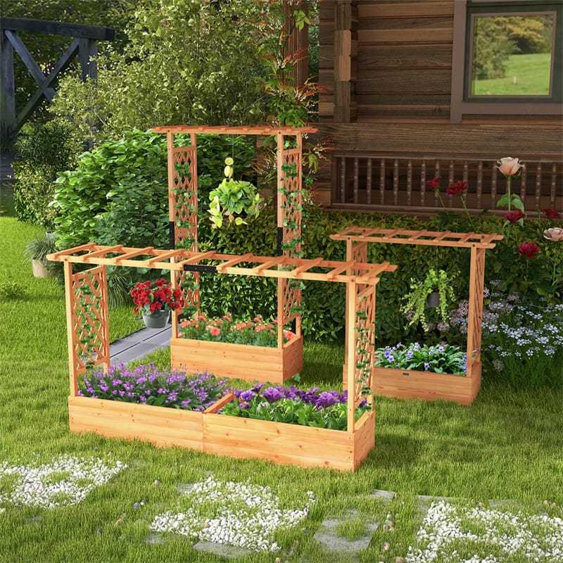 Raised Garden Bed with 2-Sided Trellis, Hanging Roof, Drainage Holes, Standing Fir Wood Planter Box for Flowers, Herbs, Climbing Vines, Garden Patio