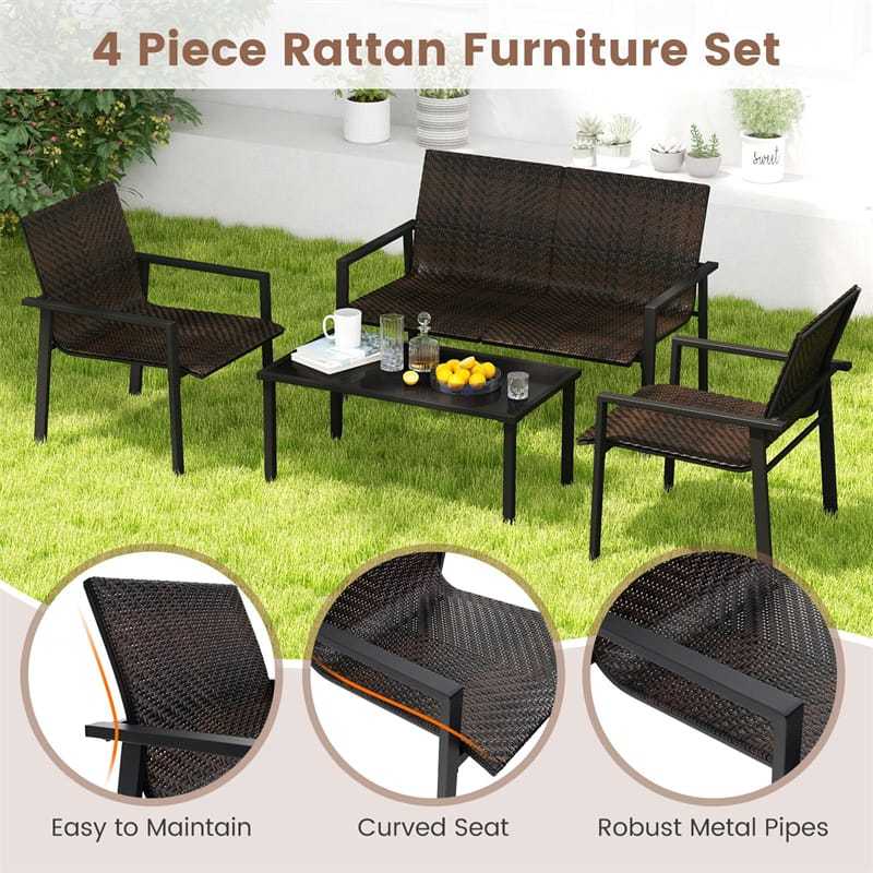 4 Piece Patio PE Rattan Furniture Set Outdoor Wicker Loveseat Chair Table Set Heavy Duty Galvanized Metal Frame for Small Space Balcony