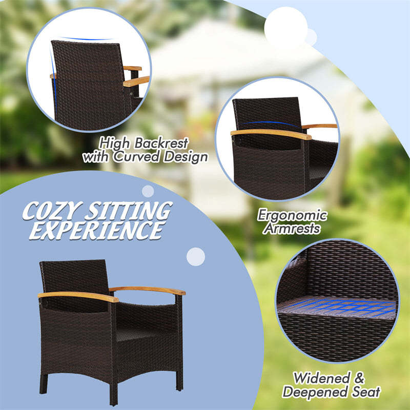 3PCS Patio Rattan Conversation Set Wicker Furniture Set with Cushioned Chairs, Acacia Wood Armrest & Table Top