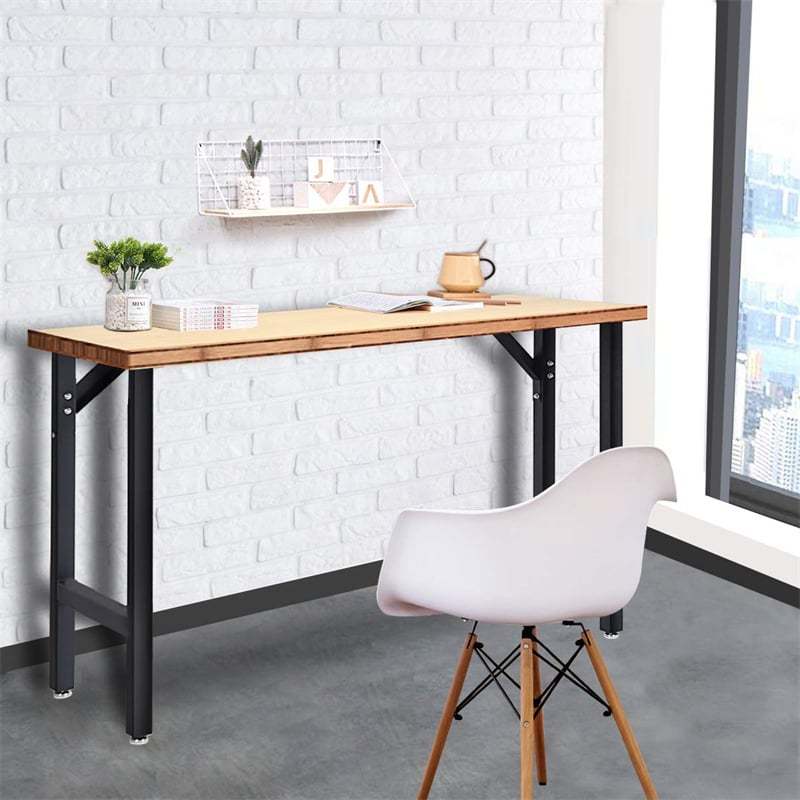 65" Bamboo Top Workbench, Heavy-Duty Steel Work Table for Garage with Triangle Reinforcement, Easy Assembly Hardwood Workstation