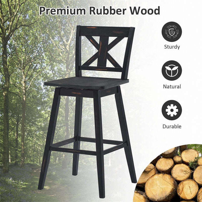 29" Wooden Bar Stools Set of 2, Swivel Counter Height Dining Chairs with Back & Non-Slip Foot Pads for Kitchen Island, Pub, Dining Room