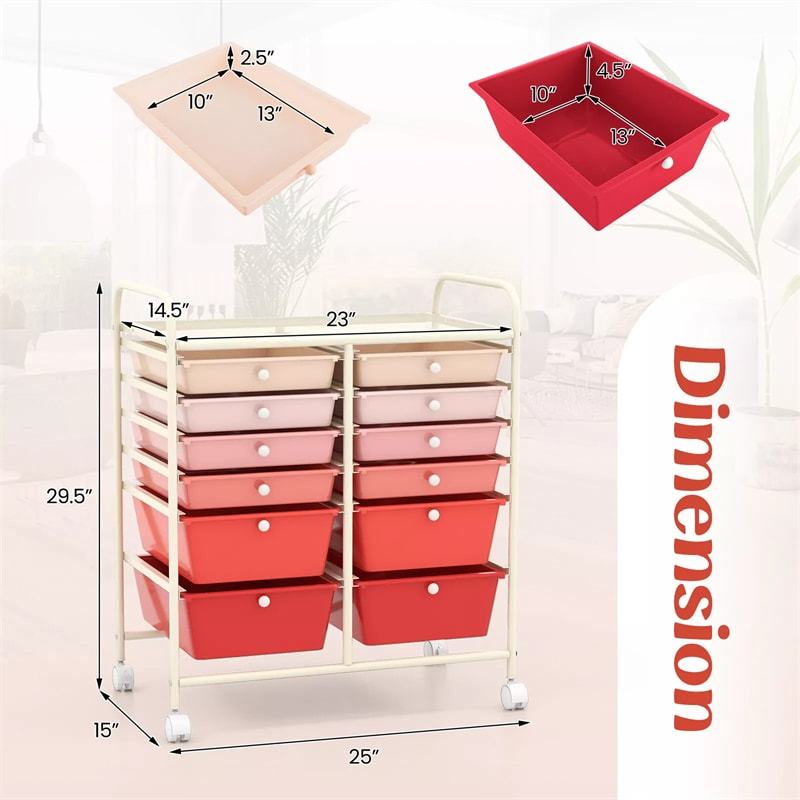 12-Drawer Rolling Storage Cart, Multipurpose Organizer Cart with Lockable Casters, Mobile Utility Cart for School Office Beauty Salon