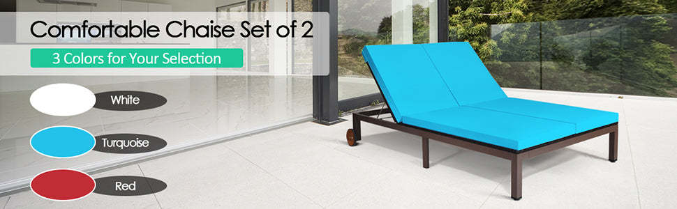 2-Person Patio Rattan Chaise Lounge Outdoor Wicker Daybed Adjustable Backrest Reclining Chair with Cushions & Wheels