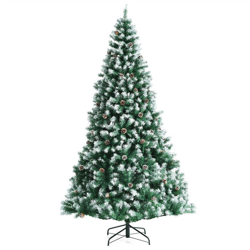 7.5ft Unlit Artificial Snow Flocked Christmas Tree with Pine Cones and Metal Stand