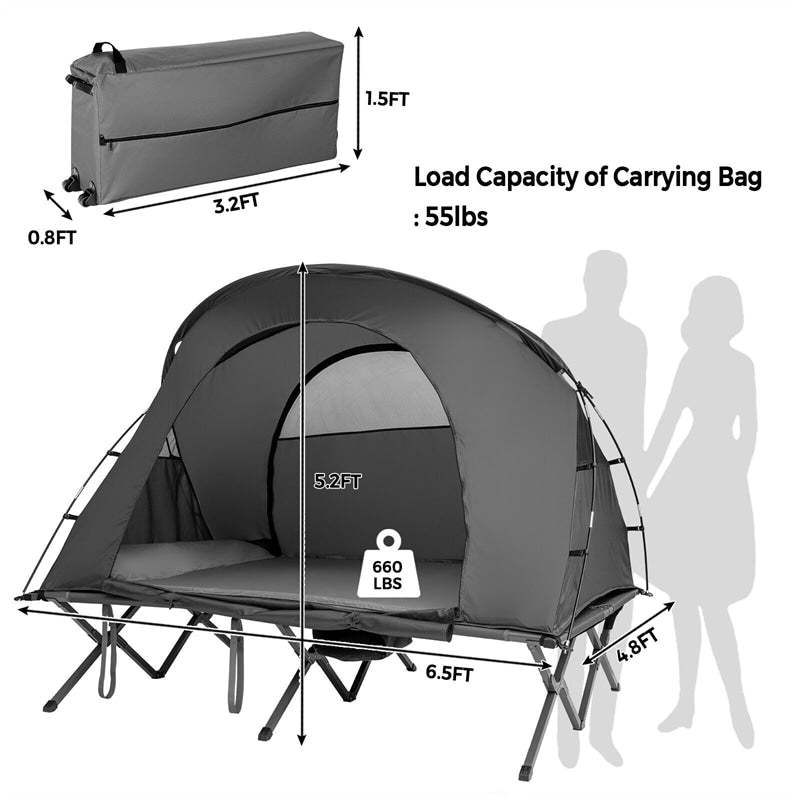 2-Person Tent Cot, 4-in-1 Folding Elevated Camping Tent with Waterproof Rainfly, Self-Inflating Mattress, Carry Bag, Portable Off Ground Tent