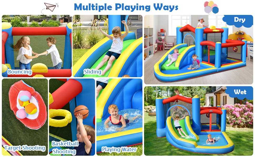 Inflatable Water Slide Bounce House Splash Pool Bounce Castle with Slide & Target Balls for Kids 5-12 Indoor Outdoor Party Family Fun