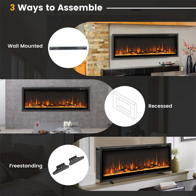50" Linear Electric Fireplace Wall Mounted Freestanding Recessed 1500W Slim Fireplace Heater with Remote Control