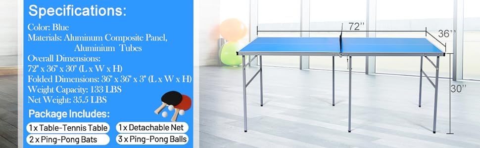 Foldable Ping Pong Table 6’ x 3’ Portable Table Tennis Table with Net, 2 Table Tennis Paddles & Balls for Indoor Outdoor Game, 100% Preassembled