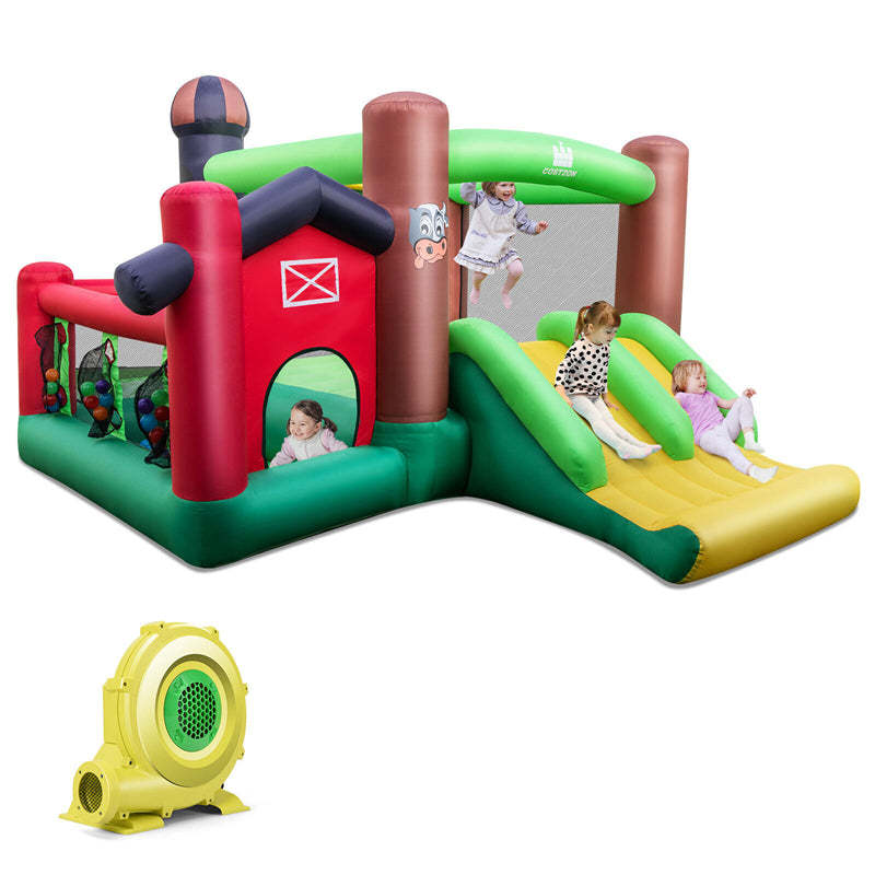 Farm Themed Inflatable Castle Bounce House Indoor Outdoor Kids Bouncy House with Double Slides & 735W Air Blower