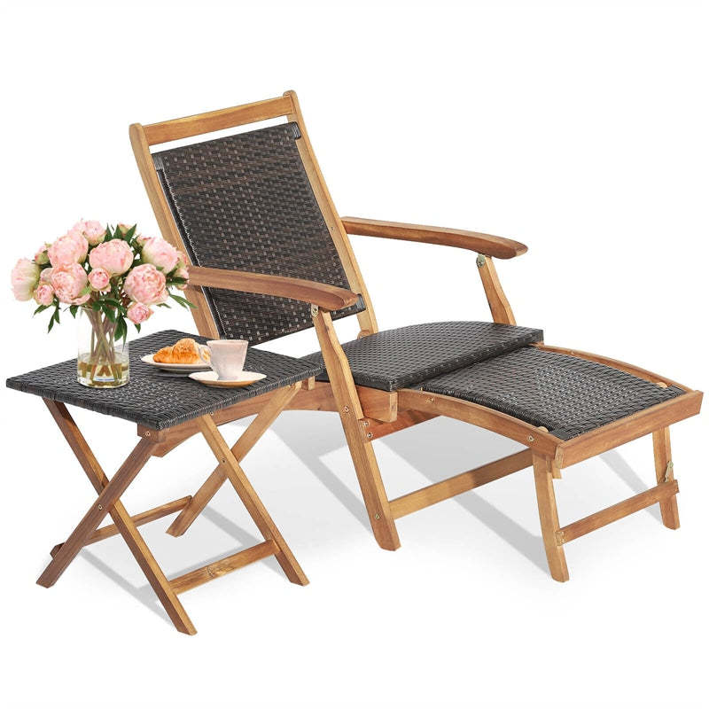 2-Piece Acacia Wood Folding Wicker Patio Lounge Chair Side Table Set with Retractable Footrest