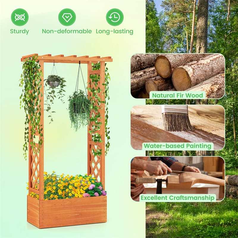 Raised Garden Bed with 2-Sided Trellis, Hanging Roof, Drainage Holes, Indoor/Outdoor Wood Planter Box for Climbing Plants, Vines, Flowers