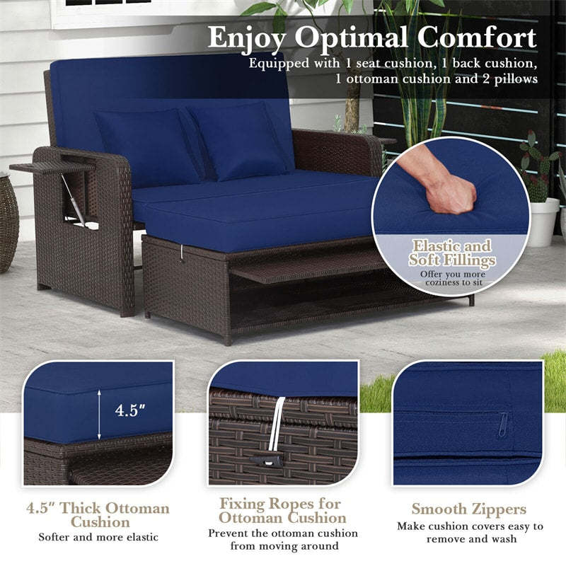 Patio Rattan Daybed Set, Outdoor Wicker Loveseat Sofa w/Multipurpose Ottoman, Retractable Side Tray, 4-Level Adjustable Backrest & Cushions