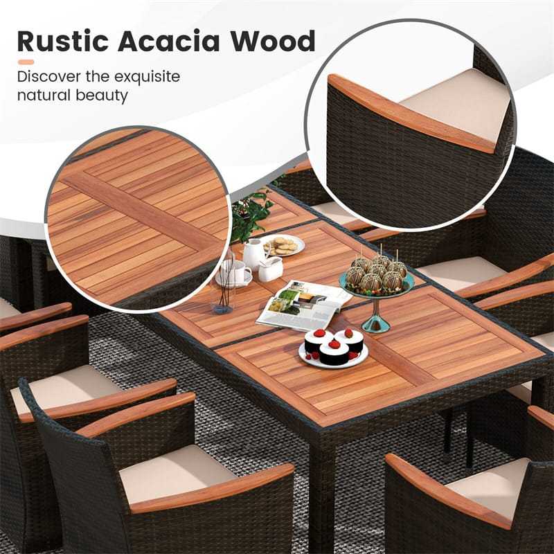 9 Piece Outdoor Dining Set, Acacia Wood & Wicker Patio Furniture Set with Cushioned Stackable Chairs & Umbrella Hole Dining Table for Backyard Garden