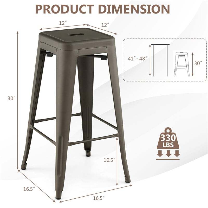 Stackable Backless Metal Bar Stools Set of 4 30” Bar Height Stools with Rubber Footpads & Handling Hole for Kitchen Dining Room