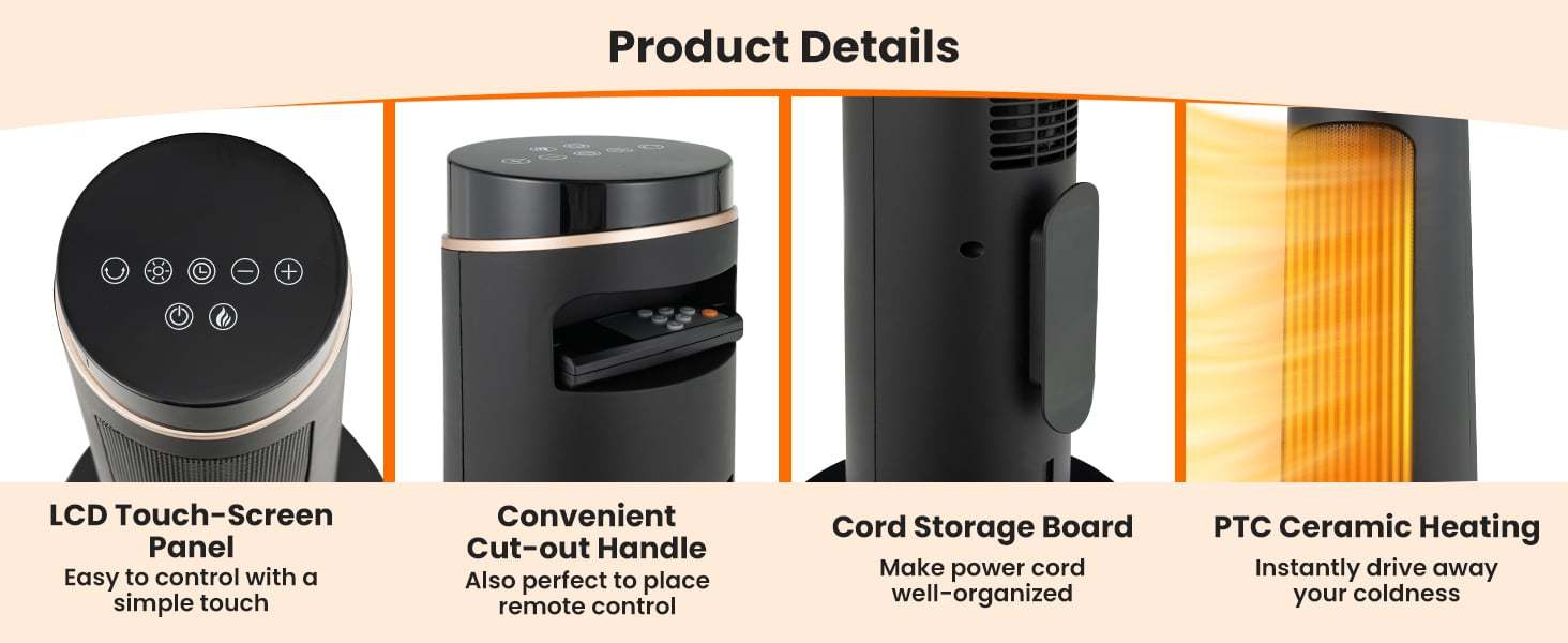 1500W Electric Space Heater, 30" PTC Ceramic Tower Heater with 3D Flame, Remote Control & 80° Oscillating for Large Rooms, Living Room, Bedroom