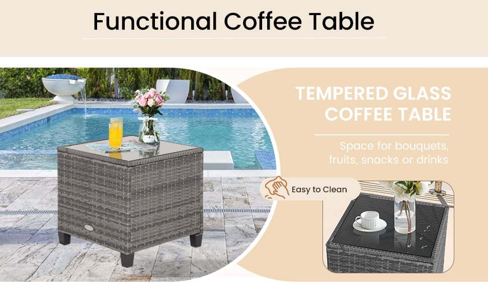 3PCS Patio Rattan Furniture Set Outdoor Conversation Set Wicker Bistro Set with Cushioned Chairs & Tempered Glass Side Table