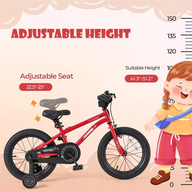 16-Inch Kids Bike, Sports Bicycle for 4-7 Years Old with Height Adjustable Seat, Fully Enclosed Chain Guard & Removable Training Wheels