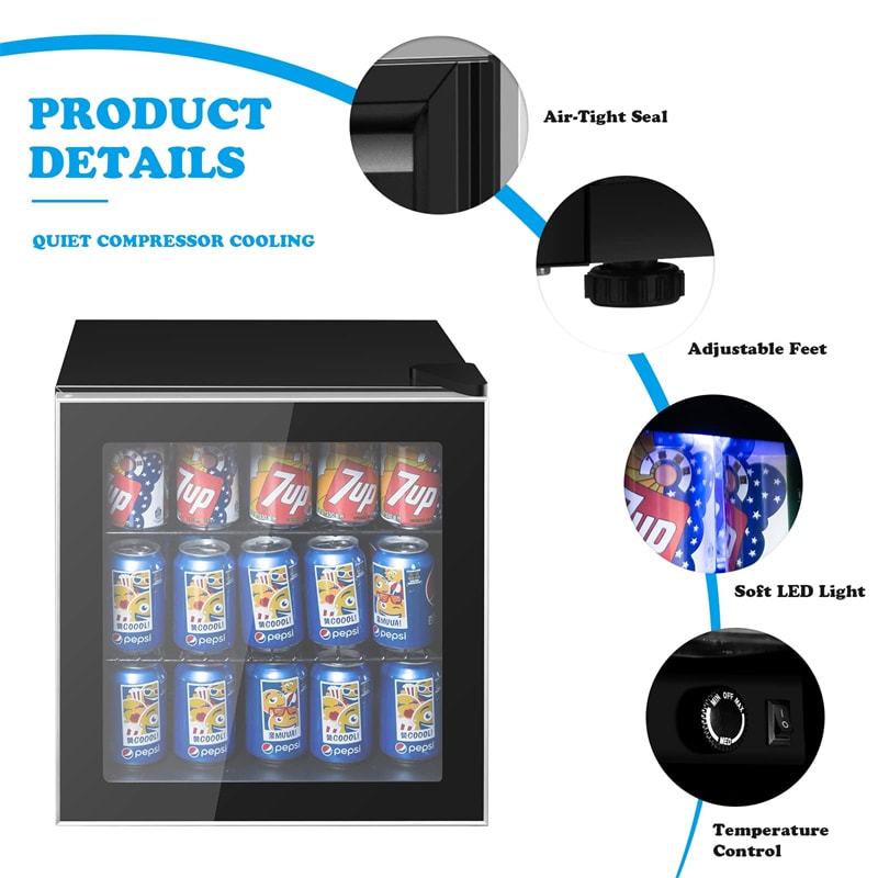 60 Can Mini Beverage Refrigerator, 1.6 Cu.Ft Freestanding Drink Fridge with Glass Door & Removable Shelves, Compact Beverage Cooler for Home Office