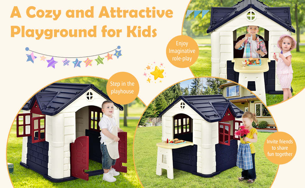 Kids Cottage Playhouse Outdoor Indoor Pretend Play House with Picnic Table, 7pcs Toy Set & Waterproof Cover