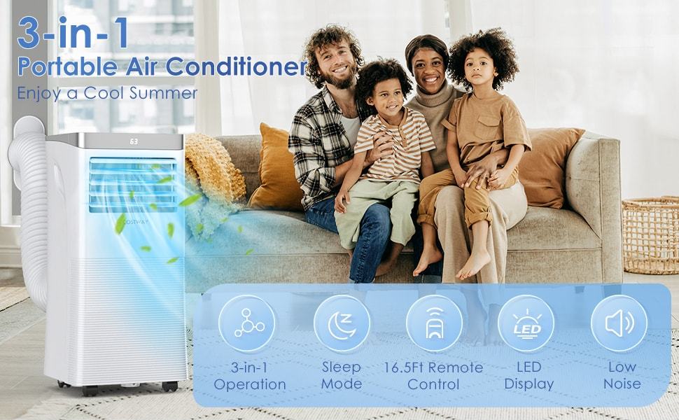 8000 BTU Portable Air Conditioner 3-in-1 Air Cooler with Fan & Dehumidifier Mode Remote Control