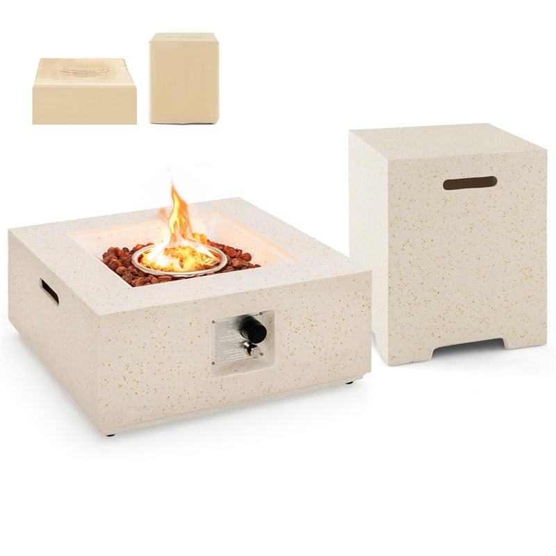 2 Piece Patio Propane Fire Pit Table Set 40,000 BTU 28" Terrazzo Gas Fire Table with 16" Hideaway Tank Holder, Protective Covers & CSA Certification