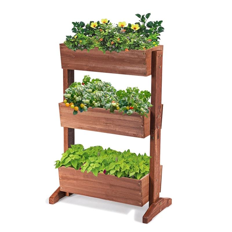 3-Tier Wooden Vertical Raised Garden Bed, Freestanding Tiltable Elevated Planter with 3 Drainage Boxes, Fir Wood Flower Rack for Vegetables & Herbs