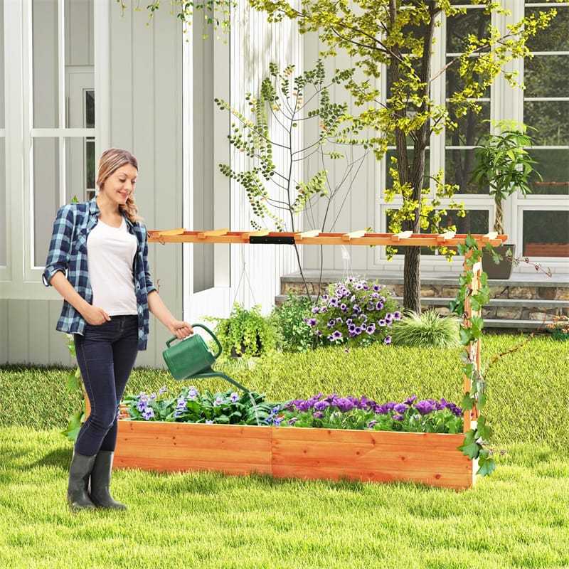 Raised Garden Bed with 2-Sided Trellis, Hanging Roof, Drainage Holes, Standing Fir Wood Planter Box for Flowers, Herbs, Climbing Vines, Garden Patio