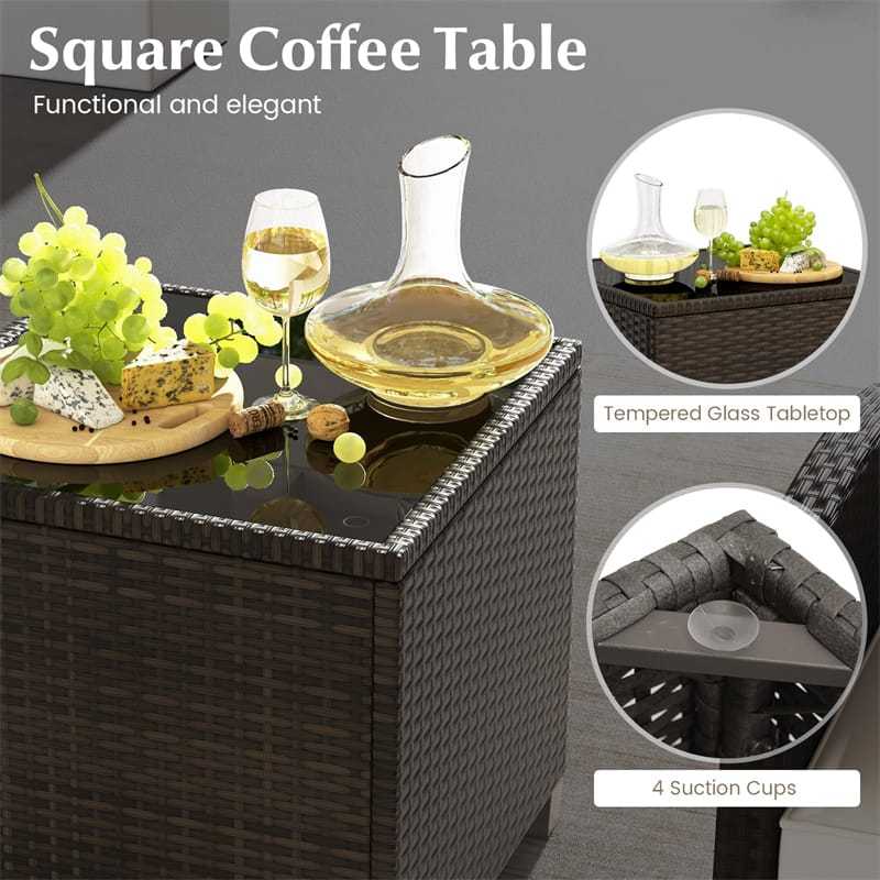 5 Piece Patio Rattan Furniture Set Wicker Cushioned Chairs Set with 2 Ottomans, Tempered Glass Coffee Table, Outdoor Sectional Conversation Set