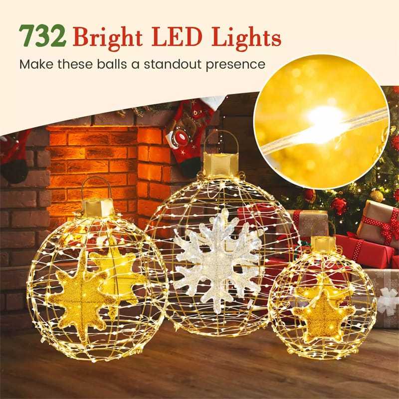3-Pack Christmas LED Lighted Sphere Balls, Pre-Lit Lantern Balls with 732 Lights, Zip Ties & Ground Stakes, Tree Globe Lights for Indoor Outdoor Decor