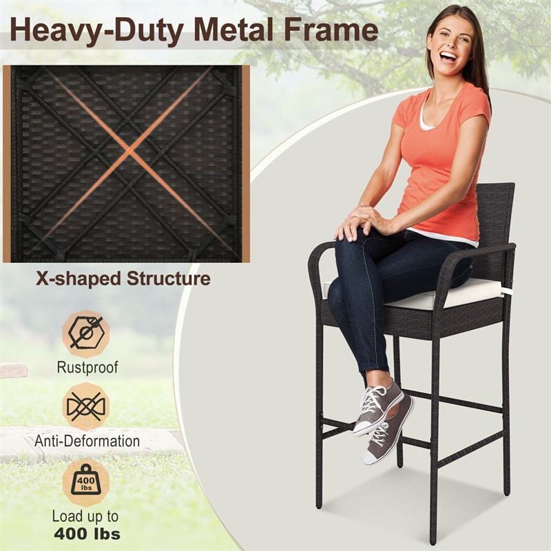4 Pack Outdoor Wicker Bar Stools 29.5" PE Rattan Patio Bar Height Stools High Back Bar Chairs with Armrests, Cushions, Heavy Duty Metal Frame